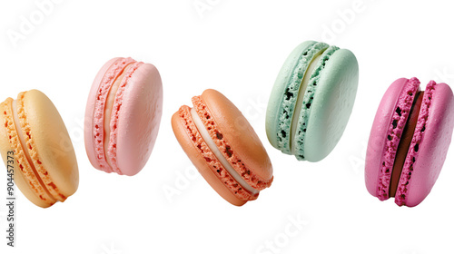 Delightful colorful macarons in a row on white background. Perfect for dessert, baking, or confectionery-themed projects and designs. photo