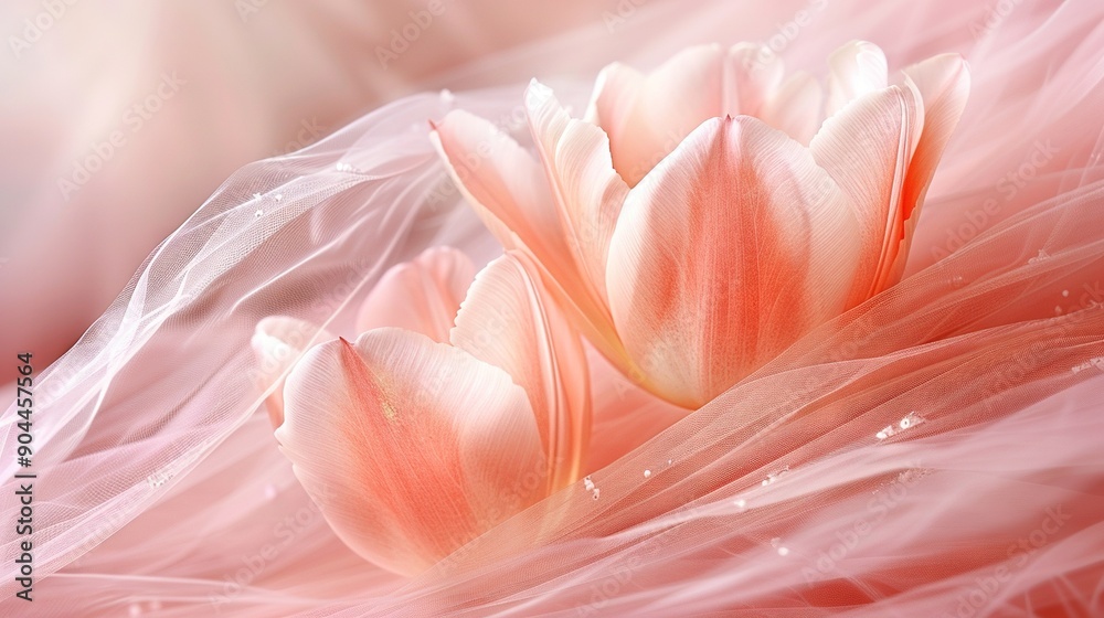 Pink flowers on pink tulle over pink feather bed Pink flowers on pink tulle over pink feather bed