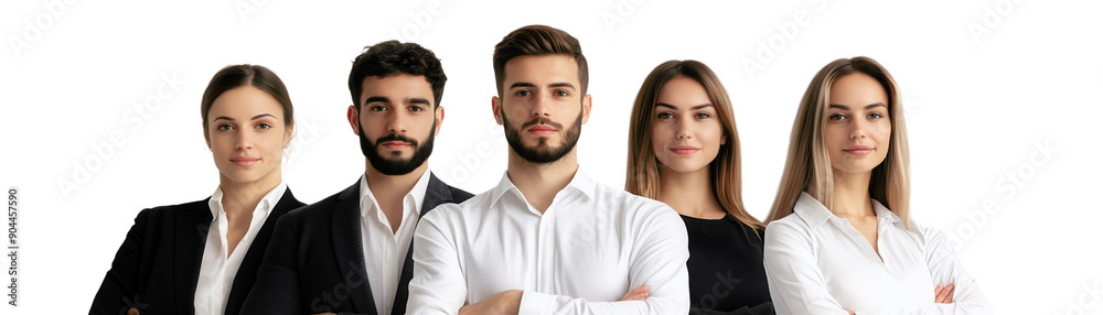 Group of confident professionals standing together, showcasing teamwork and leadership in formal attire with an isolated background.
