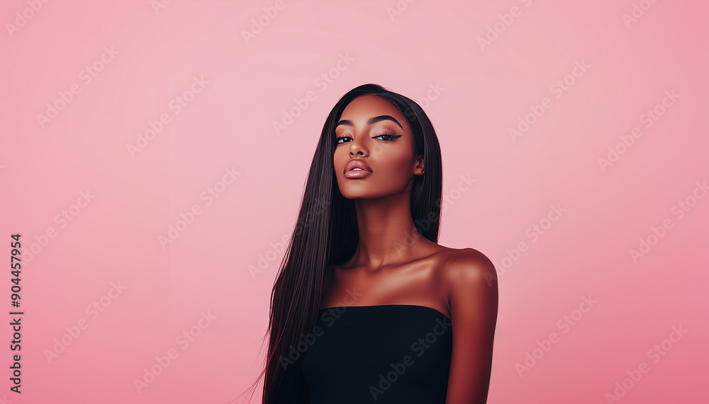 Portrait of an attractive young black american female model with black hair, isolated on an pink background, shot in a studio.