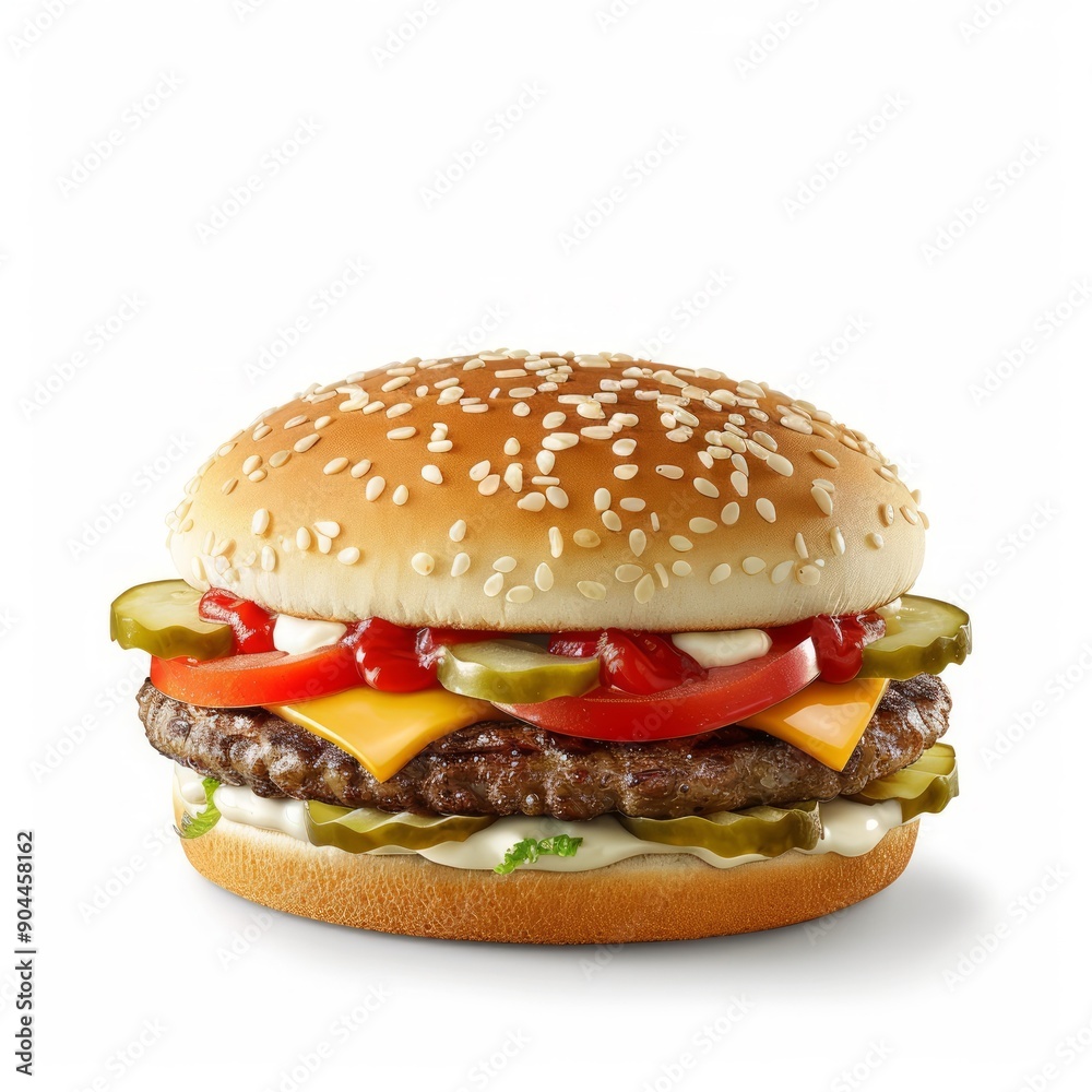 Medium shot of hamburger, isolated on a white background, bright and vivid tonality Medium shot of hamburger, isolated on a white background, bright and vivid tonality