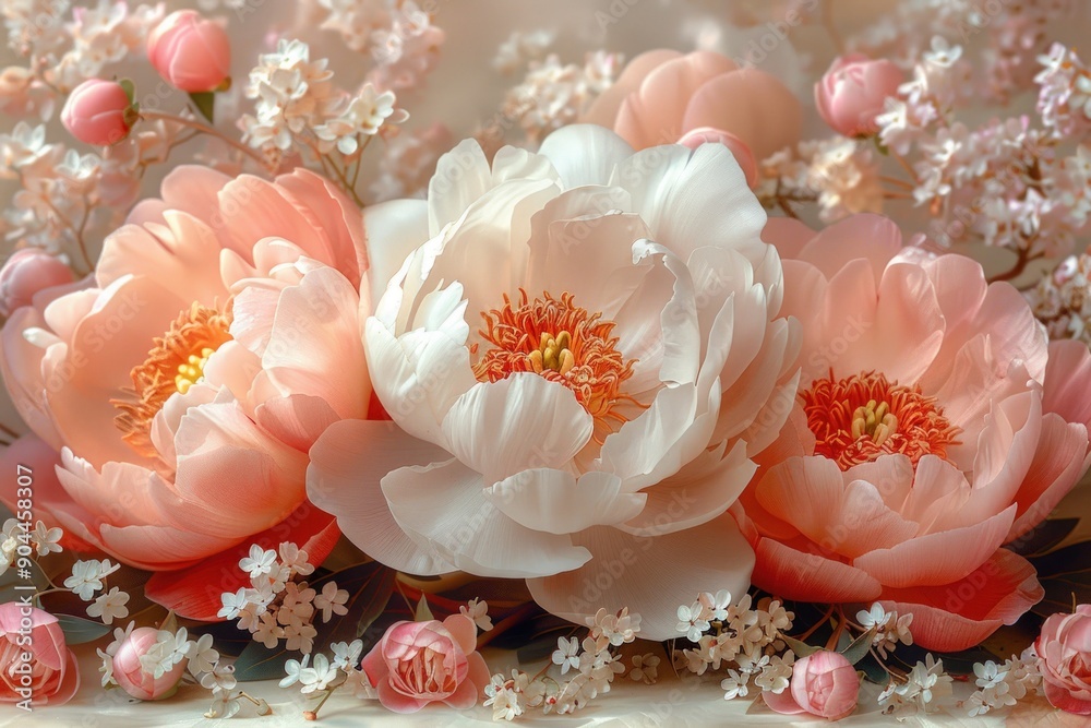 A close up of pink and white peonies, with delicate petals and leaves. A close up of pink and white peonies, with delicate petals and leaves.