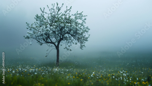 Lonely blooming tree stands in a foggy field covered in wildflowers, imparting a serene and mystical atmosphere.