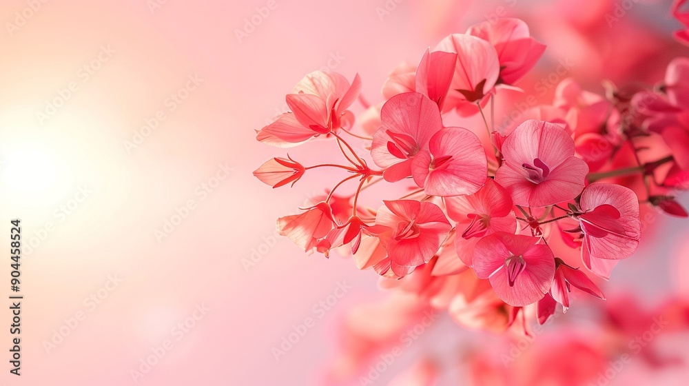 A pink flower cluster on a tree branch with sunlight filtering through A pink flower cluster on a tree branch with sunlight filtering through
