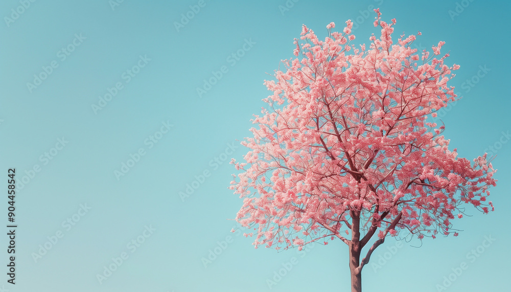A beautiful cherry blossom tree with vibrant pink flowers stands against a clear blue sky, creating a serene and picturesque scene. A beautiful cherry blossom tree with vibrant pink flowers stands against a clear blue sky, creating a serene and picturesque scene.