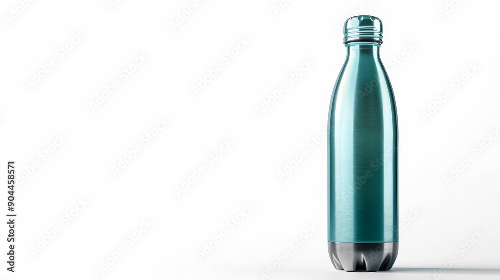 A sleek blue steel water bottle standing upright with a metallic finish, perfect for keeping beverages cold or hot during travels or workouts. A sleek blue steel water bottle standing upright with a metallic finish, perfect for keeping beverages cold or hot during travels or workouts.