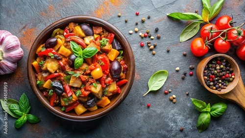 Vegetable stew, saute or caponata. Stewed eggplant with paprika, tomatoes, spices and herbs. White kitchen table background, top view, copy space photo