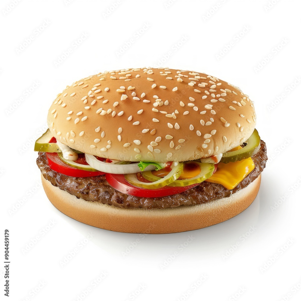 Medium shot of hamburger, isolated on a white background, bright and vivid tonality Medium shot of hamburger, isolated on a white background, bright and vivid tonality