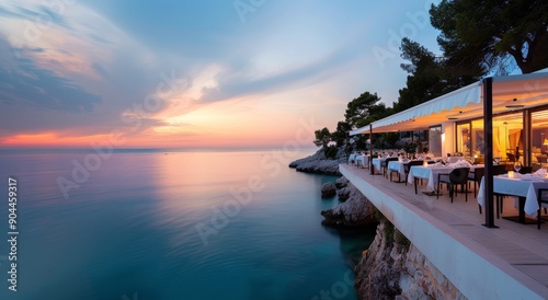 Seaside Dining at Sunset in Coastal Restaurant With Ocean View