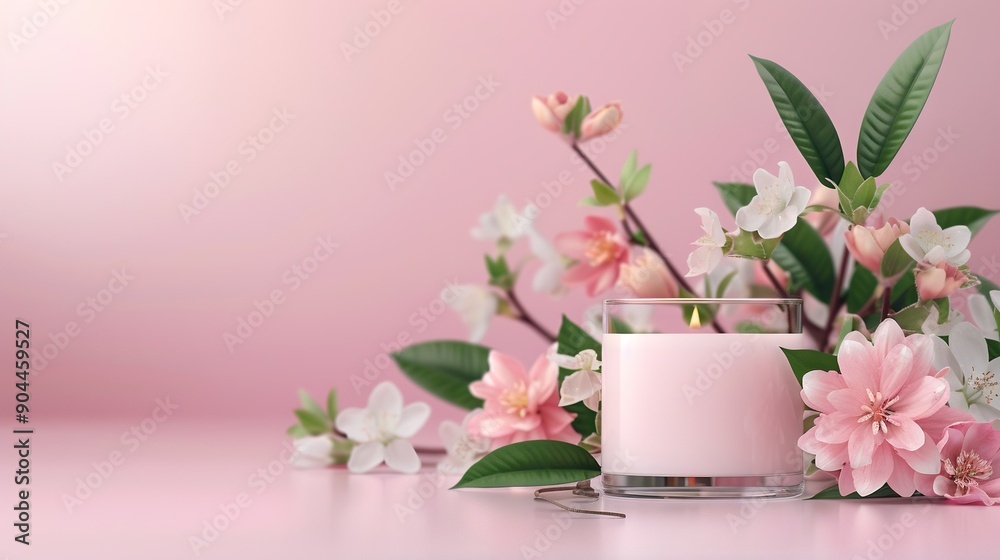 Pink candle with green leafy branch in center surrounded by pink flowers on pink background Pink candle with green leafy branch in center surrounded by pink flowers on pink background