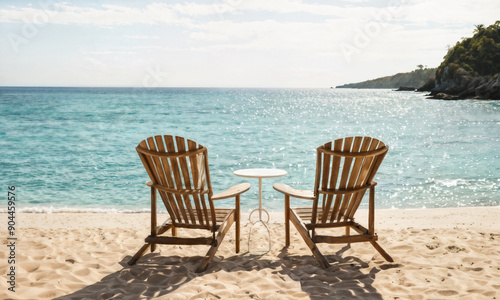 Colorful chairs sit on the sandy shore, overlooking gentle waves as the sun sets, casting warm hues across the sky and water.
