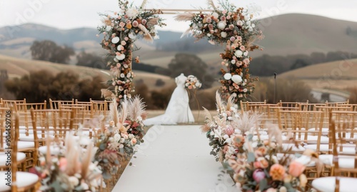Elegant Outdoor Wedding Ceremony With Floral Arch and Scenic Landscape