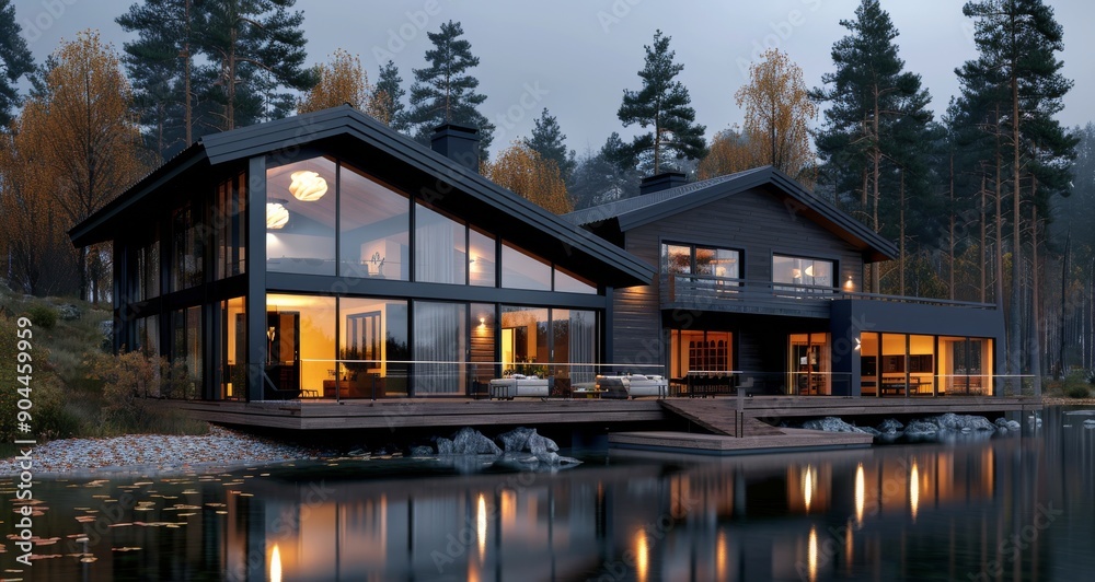 Modern House Overlooking Reflective Water at Dusk With Warm Interior Lights Modern House Overlooking Reflective Water at Dusk With Warm Interior Lights