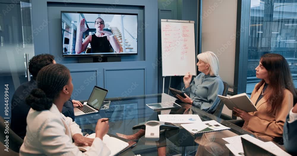 Office, people and television screen on conference meeting for virtual consultation and planning. Business, employees and video call or seminar for strategy, collaboration and teamwork in New York