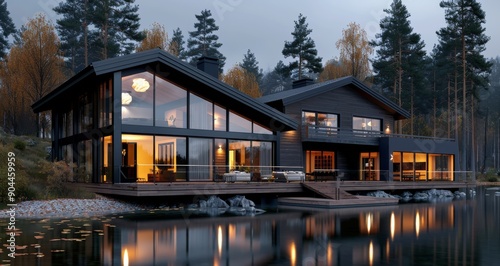 Modern House Overlooking Reflective Water at Dusk With Warm Interior Lights