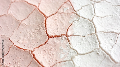  A detailed image of a cracked surface with pink and white paint covering its upper and lower edges