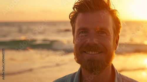 A man with a joyful expression is captured during an ocean sunset, standing by the beach with golden light creating a perfect backdrop, evoking feelings of happiness and fulfillment.