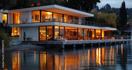 Modern House Overlooking Reflective Water at Dusk With Warm Interior Lights