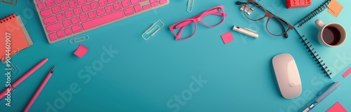 Colorful Workspace With Pink Accessories, Keyboard, Mouse, Coffee Cup, and St...