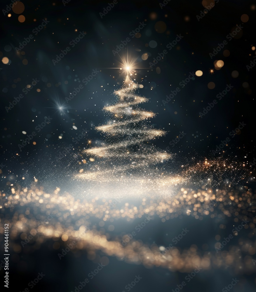 Naklejka premium Glowing Christmas Tree Surrounded by Sparkling Lights and Dark Background