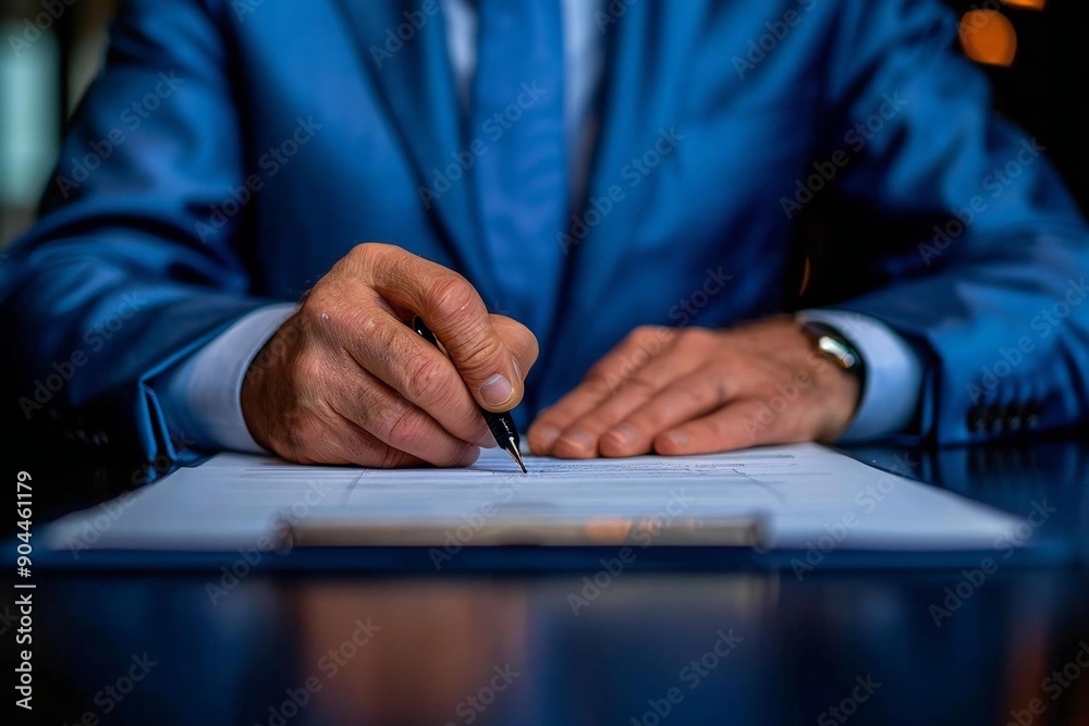 Male Judge Sitting at Desk Signing a Contract Paper Male Judge Sitting at Desk Signing a Contract Paper
