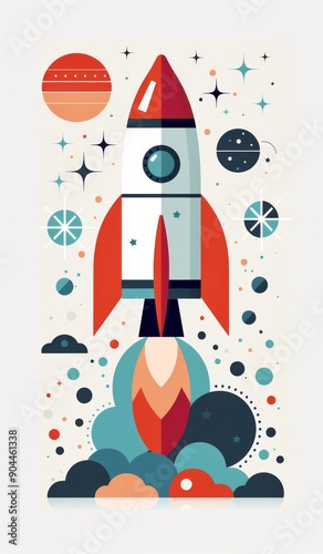 Retro Rocket Launching Into Space Against Starry Background