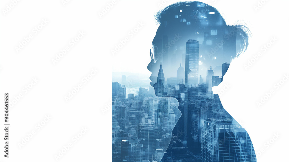 Financial Growth in the City - Double Exposure of Investor and Graph on White Background Financial Growth in the City - Double Exposure of Investor and Graph on White Background