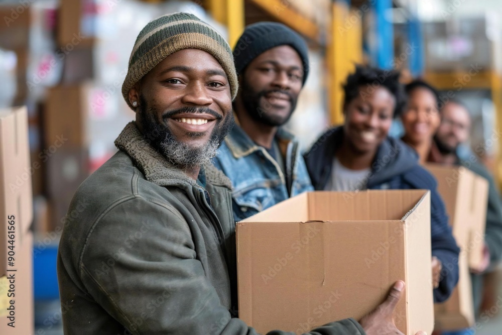 Cheerful Multicultural Team Members in Workplace With Cardboard Boxes
