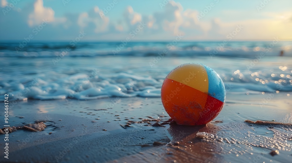 A beach ball is sitting on the sand near the water A beach ball is sitting on the sand near the water