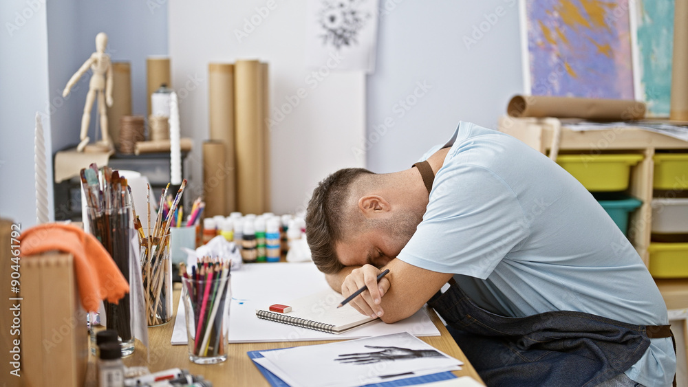 A young hispanic man with a beard appears tired, leaning on a desk full of art supplies in a creative studio. A young hispanic man with a beard appears tired, leaning on a desk full of art supplies in a creative studio.