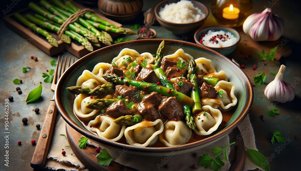 A hearty plate of homemade dumplings tossed with tender beef, fresh asparagus and a rich brown gravy. Garnished with fresh herbs. A hearty plate of homemade dumplings tossed with tender beef, fresh asparagus and a rich brown gravy. Garnished with fresh herbs.