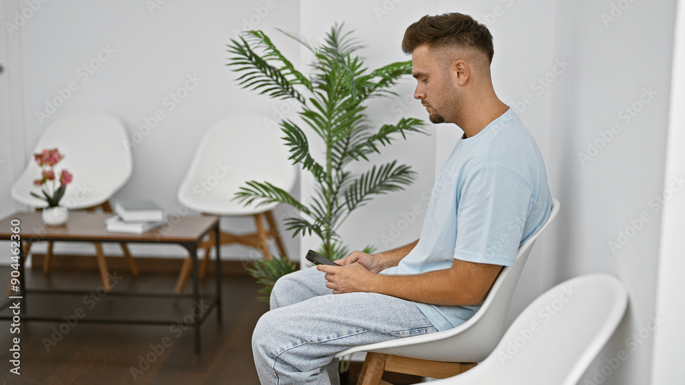Fototapeta premium A young hispanic man sits in a modern indoor lobby, using a smartphone with a serene expression.