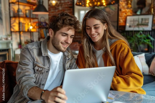 Wallpaper Mural Young couple seen using laptop together from a high angle perspective in their home Torontodigital.ca