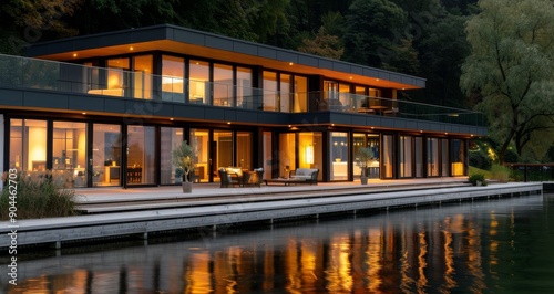 Modern House Overlooking Reflective Water at Dusk With Warm Interior Lights