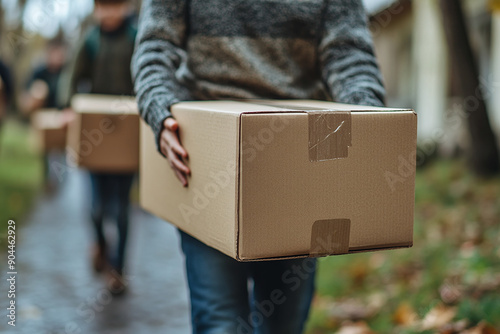 Photograph of a Family Moving into a New Home: A family carrying boxes into their new house.