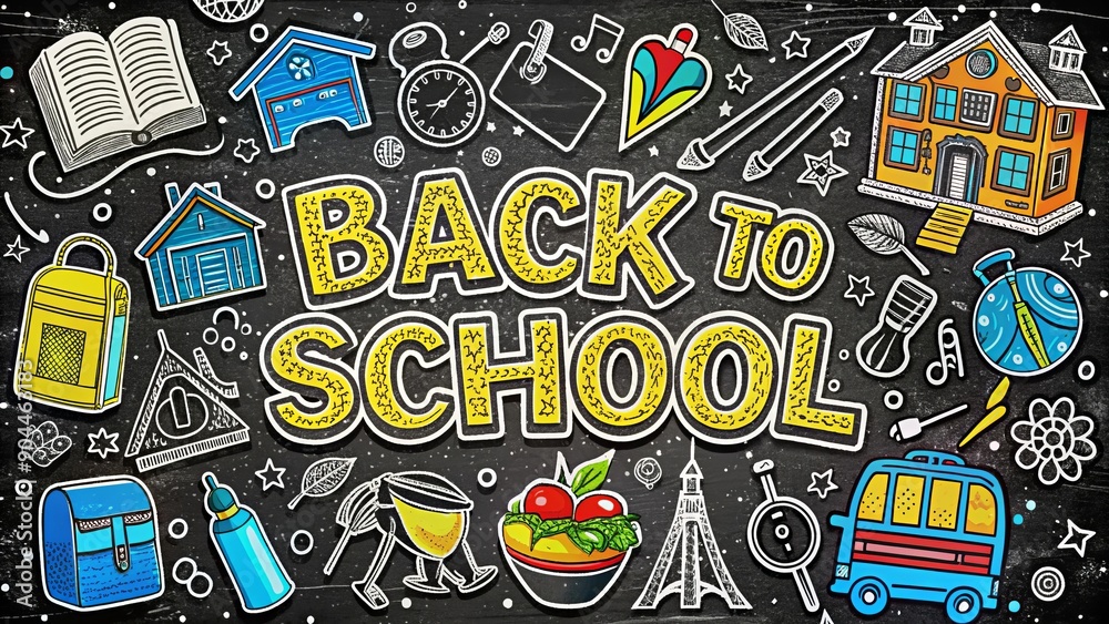 Back to school. Children going to school with backpacks on colorful background. Pattern school