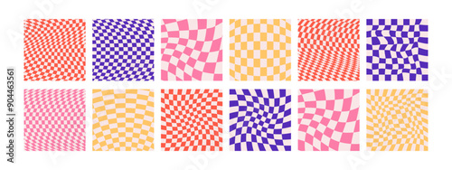 Square psychedelic checkerboard acid backgrounds with warped swirl grid tile, wavy lines. Twisted checkered seamless pattern in trendy y2k style. Distorted chessboard cover set with distortion effect.