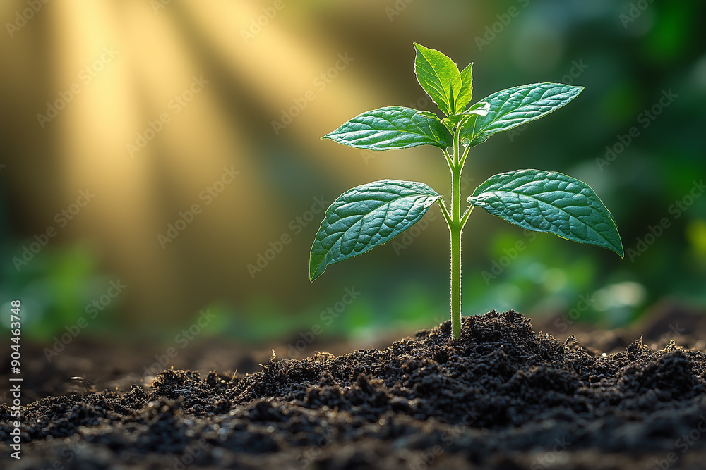 Newly sprouted green plant emerging from dark soil under soft sunlight in a lush garden Newly sprouted green plant emerging from dark soil under soft sunlight in a lush garden