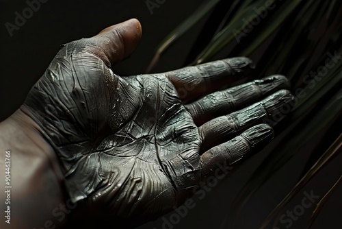 Construction worker showing his dirty hand covered with tar after work