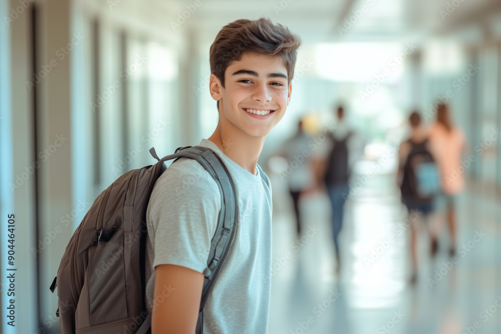 Obraz premium Portrait of smiling young male student with a backpack walking in the school hallway, back to school concept, copy space for text 