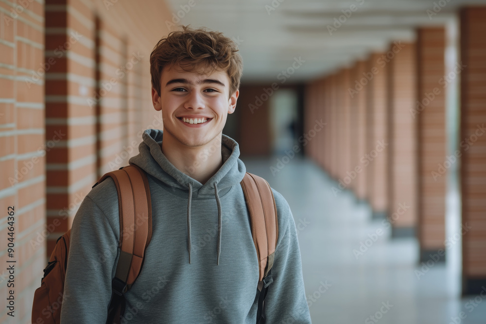 Portrait of smiling young male student with a backpack walking in the school hallway, back to school concept, copy space for text Portrait of smiling young male student with a backpack walking in the school hallway, back to school concept, copy space for text