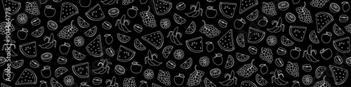 Seamless background with contour drawings of fruits. Endless background with drawings of apples, grapes, oranges, watermelon slices, lemons and bananas. Line drawings. Summer vector banner
