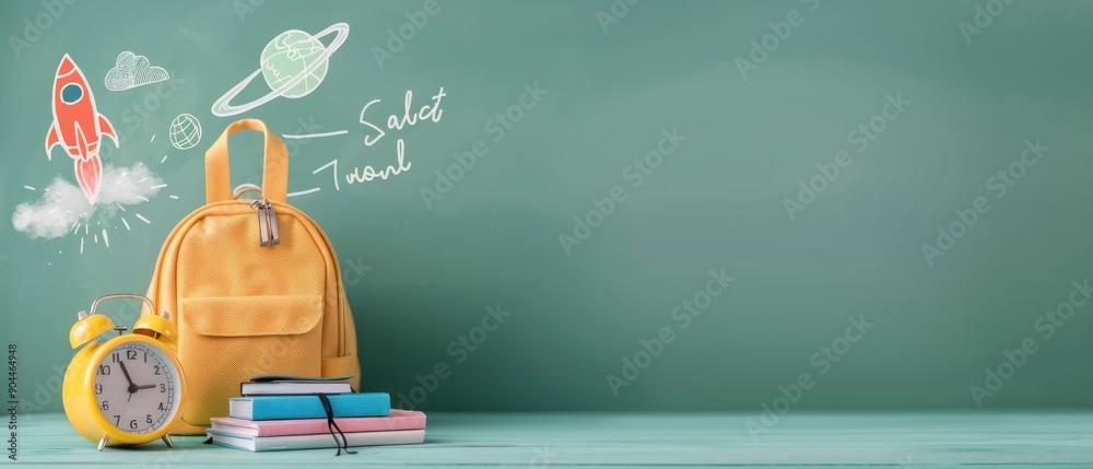 Bright Yellow Backpack Next to Books and Clock Near Chalkboard With Space Drawings Bright Yellow Backpack Next to Books and Clock Near Chalkboard With Space Drawings
