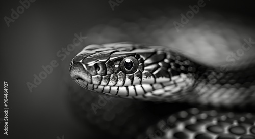 Close-Up View of a Snake's Head With Detailed Scales in Monochrome