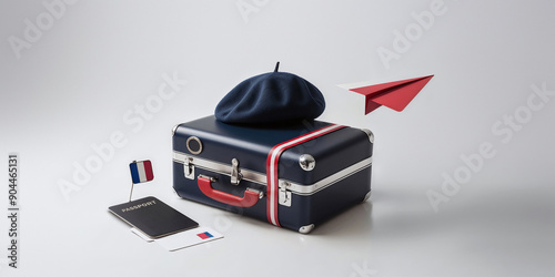 Minimalist 3D cartoon rendering with France theme - Beret under Blue suitcase isolated on white background with passport and boarding pass. International vacation travel concept.