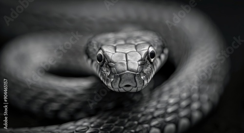 Close-Up View of a Snake's Head With Detailed Scales in Monochrome