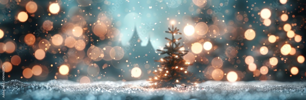 Naklejka premium Winter Wonderland Sunset With Snowfall and Glowing Lights in Forest Clearing