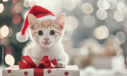 Playful Kitten Wearing Santa Hat Sitting on Christmas Gift in Cozy Living Room