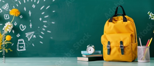 Yellow Backpack and Clock on Desk With Chalkboard in Classroom Setting