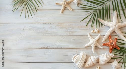Coastal Decor With Shells and Starfish on Light Wooden Background